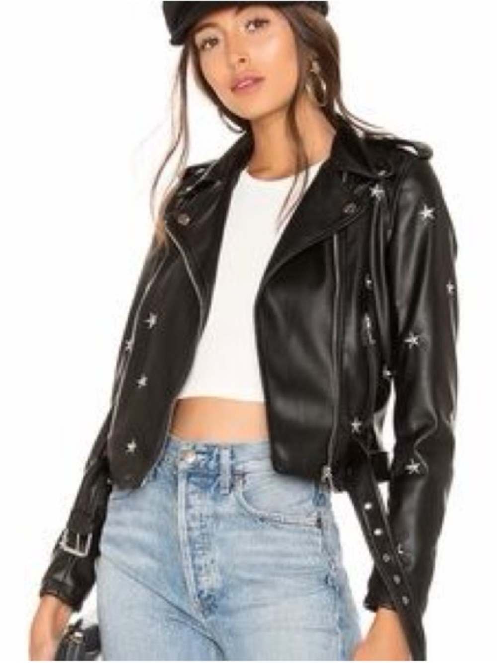superdown Black Star-Embellished Faux Leather Moto Jacket